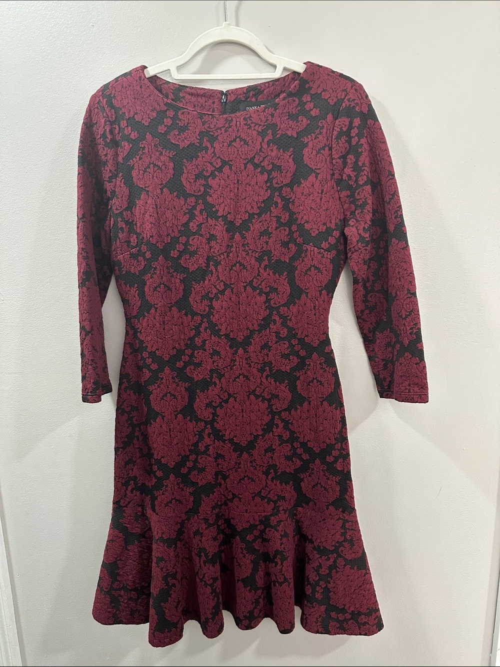 Ivanka Trump Burgundy and Black Floral Jacquard Long Sleeve Dress